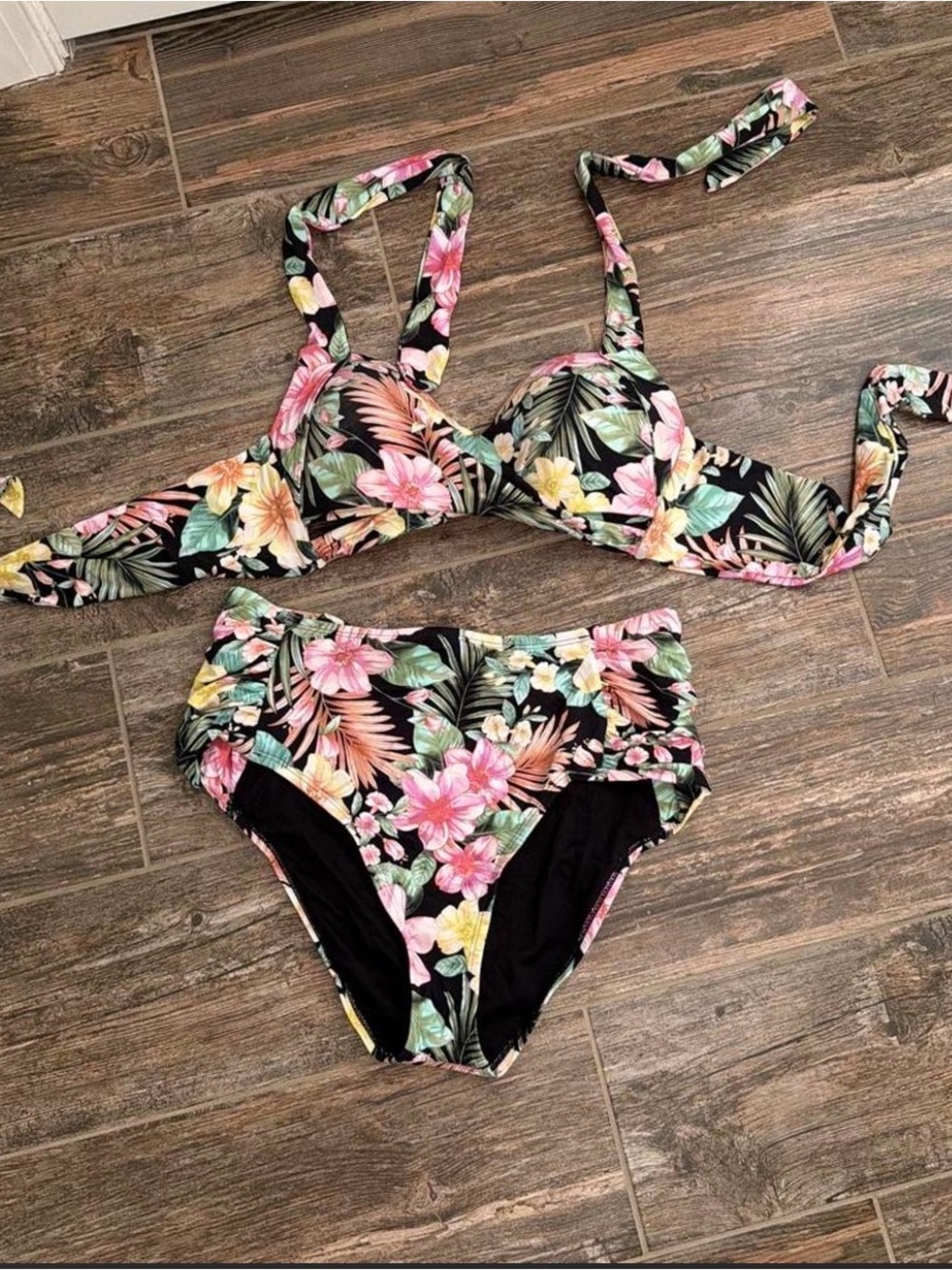 Gibson Latimer Black Tropical Floral High-Waist Bikini Set